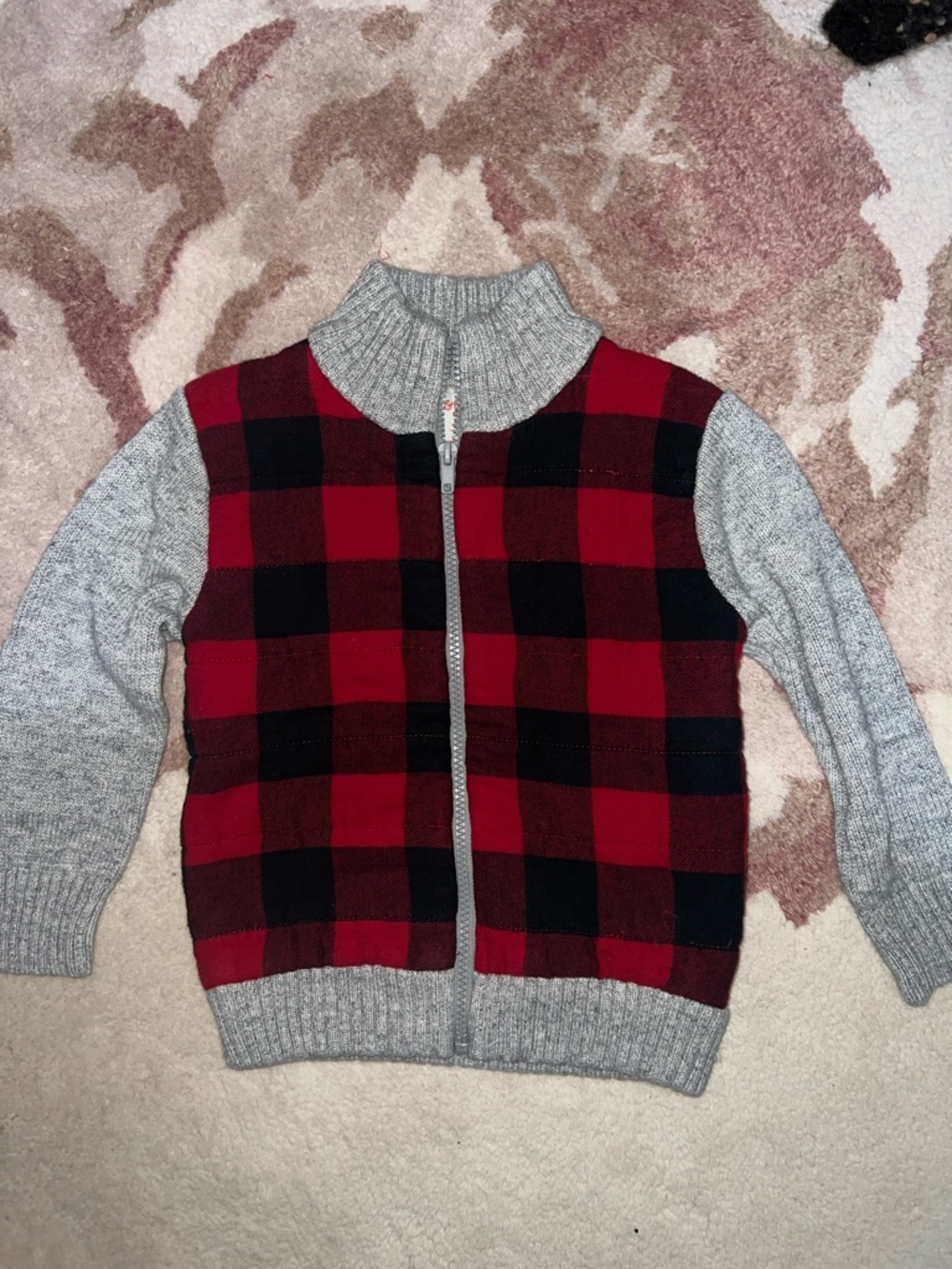 Cat & Jack Red and Black Buffalo Plaid Zip-Up Sweater with Gray Sleeves